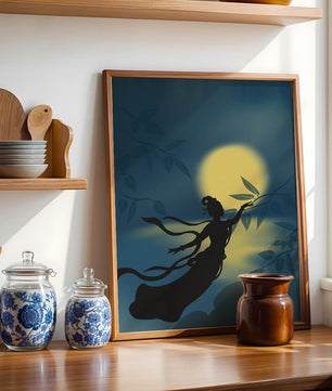 Silhouette of a Woman Reaching for Leaves in Front of a Full Moon