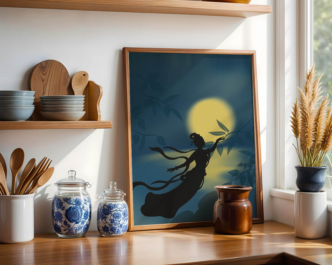 Silhouette of a Woman Reaching for Leaves in Front of a Full Moon