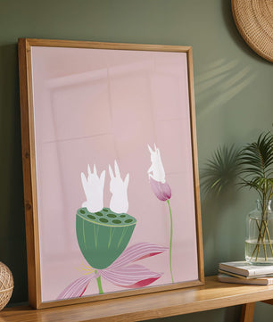 Whimsical Rabbits on Lotus with Pink Background