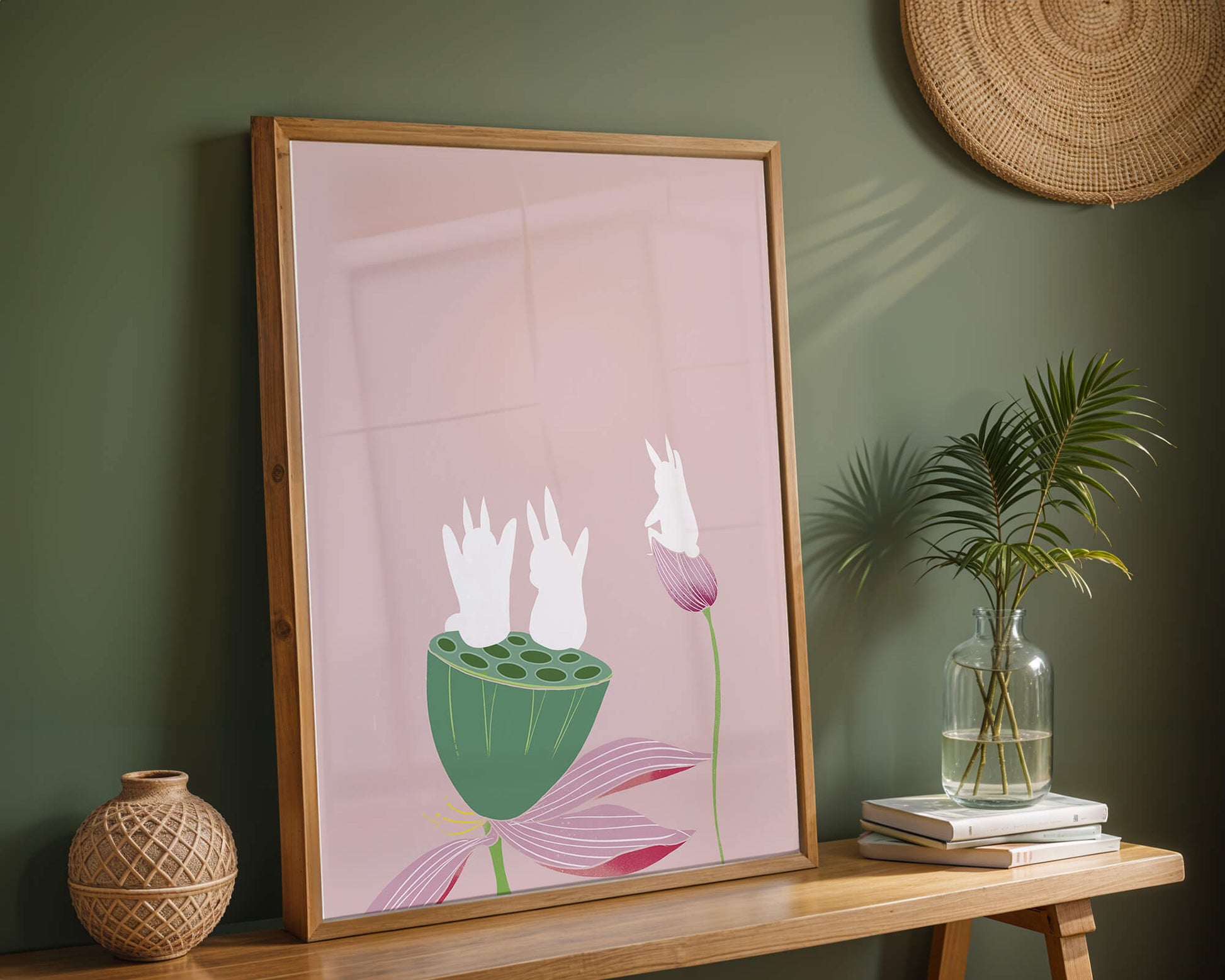 Whimsical Rabbits on Lotus with Pink Background