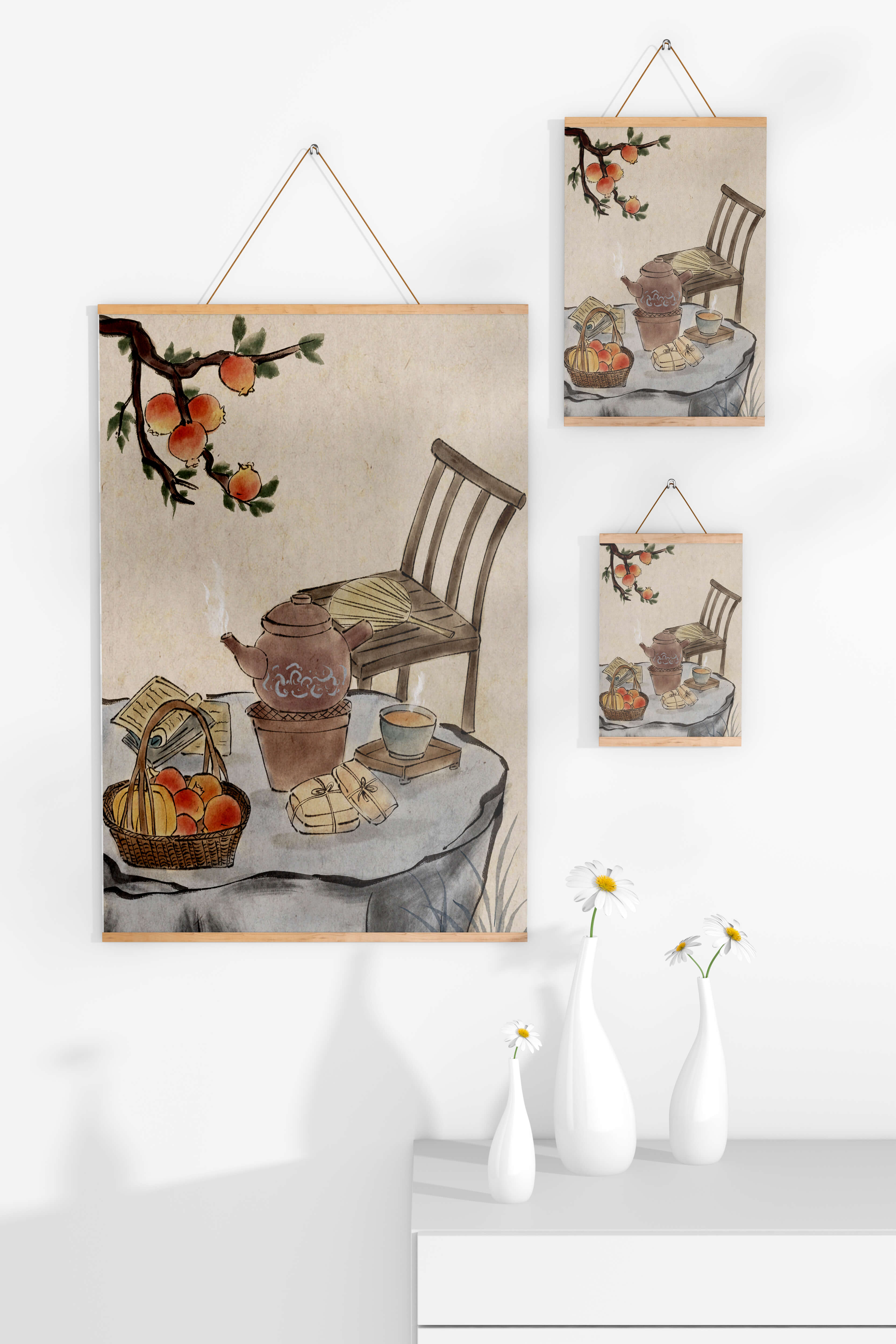 Watercolor painting of tea time setting with fruits and wooden chair