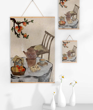 Peinture à l’aquarelle d’un moment de dégustation de thé avec des fruits et une chaise en bois