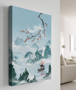 Chinese Landscape with Cherry Blossoms and Boat in Misty Mountains - Mi tienda