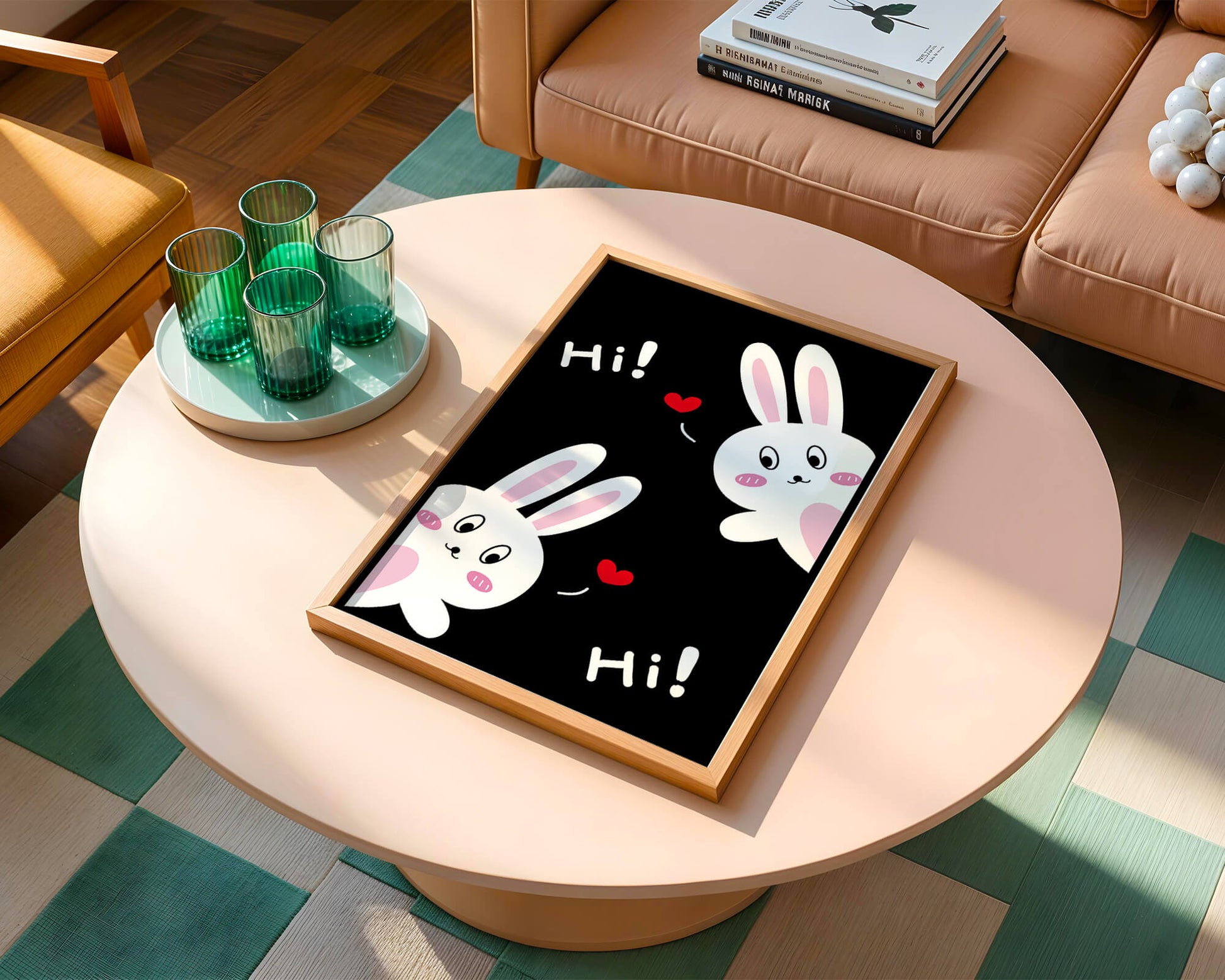 Charming bunny illustration with hearts on black background