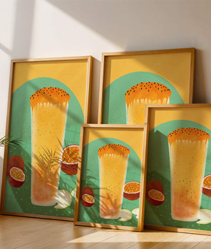 Illustrated tropical passion fruit drink with fresh slices