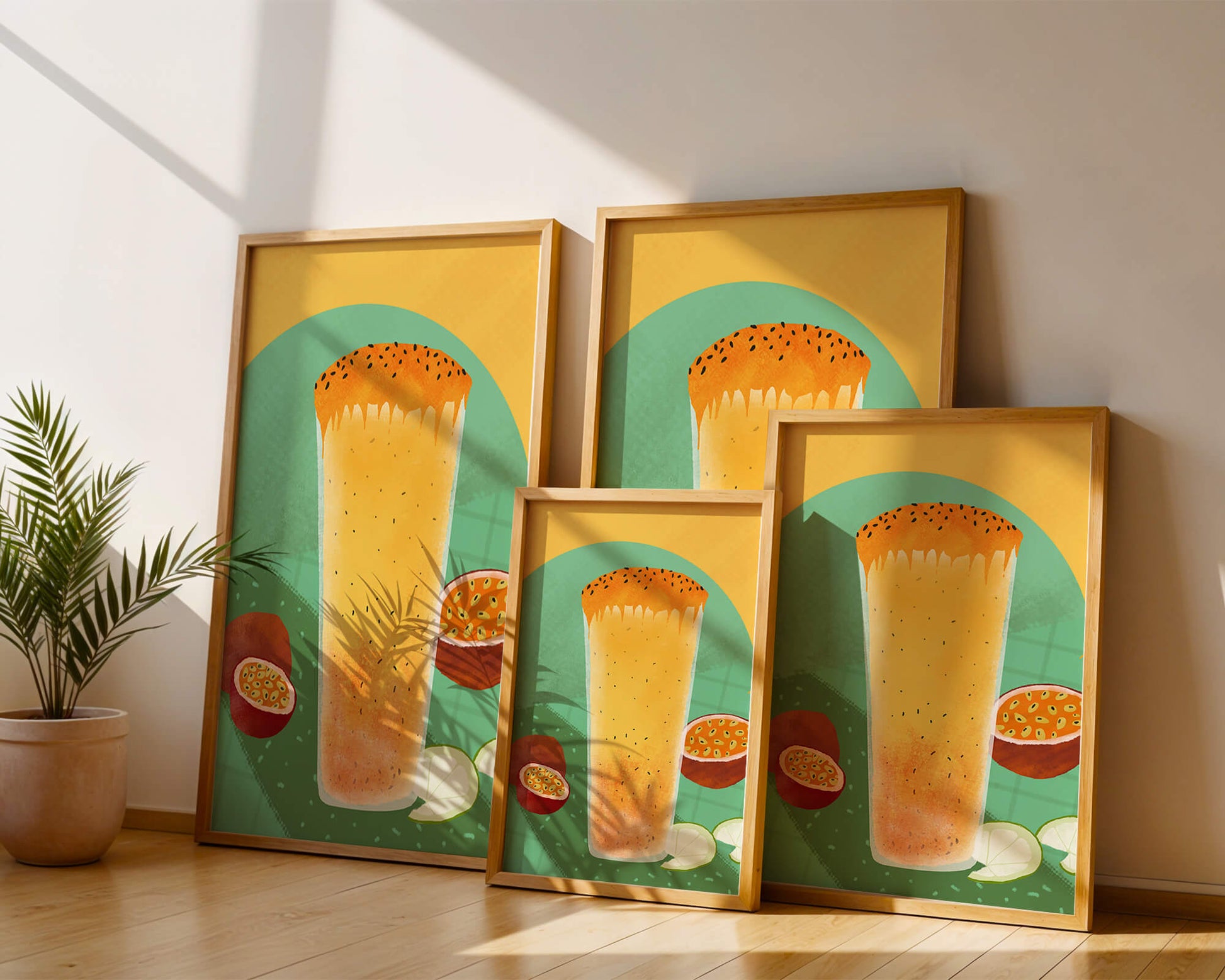 Illustrated tropical passion fruit drink with fresh slices