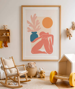 Figura desnuda abstracta con jarrón y sol en estilo minimalista