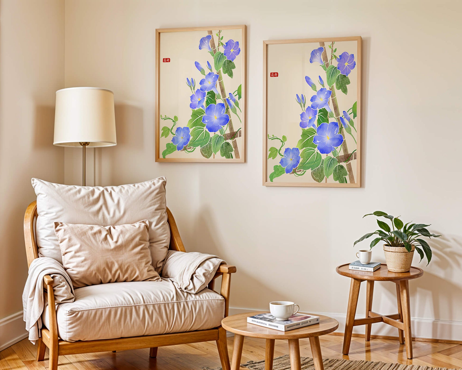 Obra floral delicada con glorias matutinas azules vibrantes