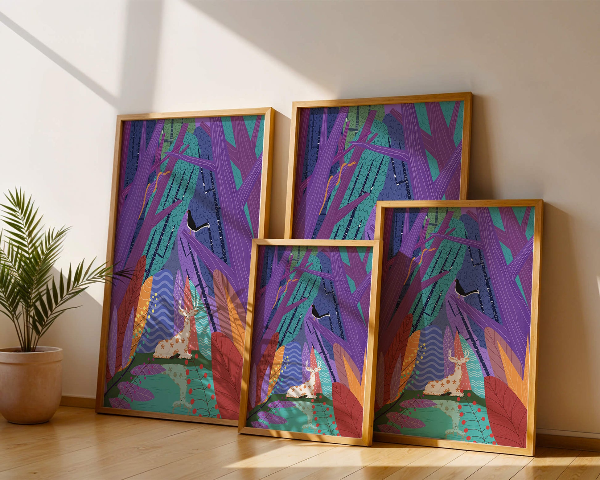 Colorful forest scene with deer and bird under vibrant foliage