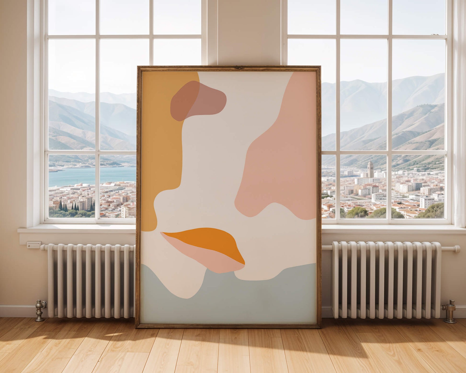 Abstract art with pastel color shapes on white background