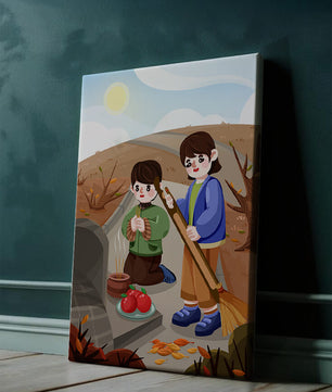Niños participando en un ritual de otoño con ofrendas e incienso