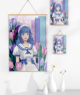 Illustration d'une fille en robe de marin parmi des tulipes avec une palette de couleurs pastel