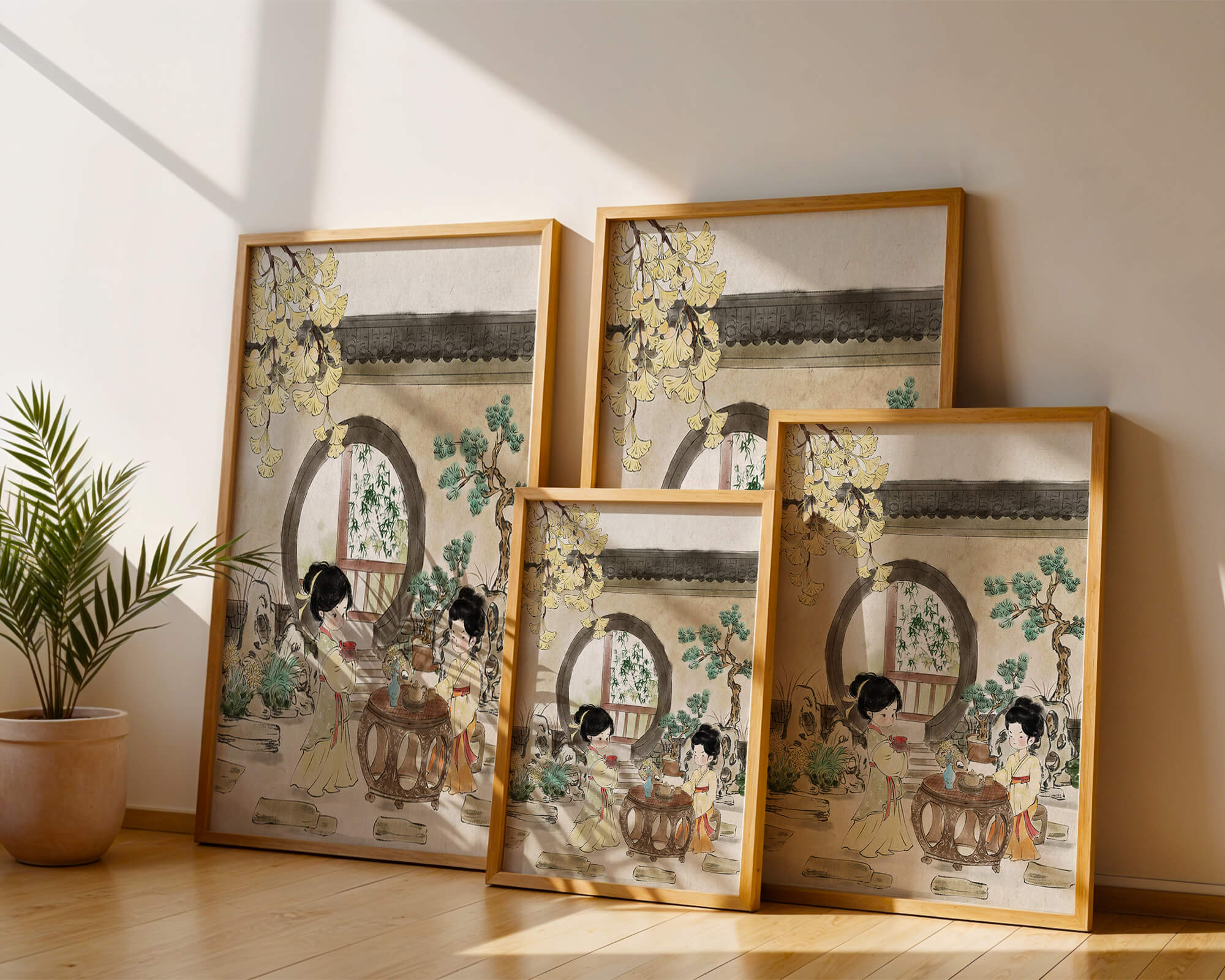 Serene traditional Chinese garden scene with women in elegant attire