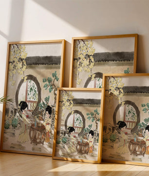 Scène sereine de jardin traditionnel chinois avec des femmes en tenue élégante