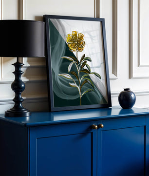 Abstract floral design featuring a golden flower with textured leaves