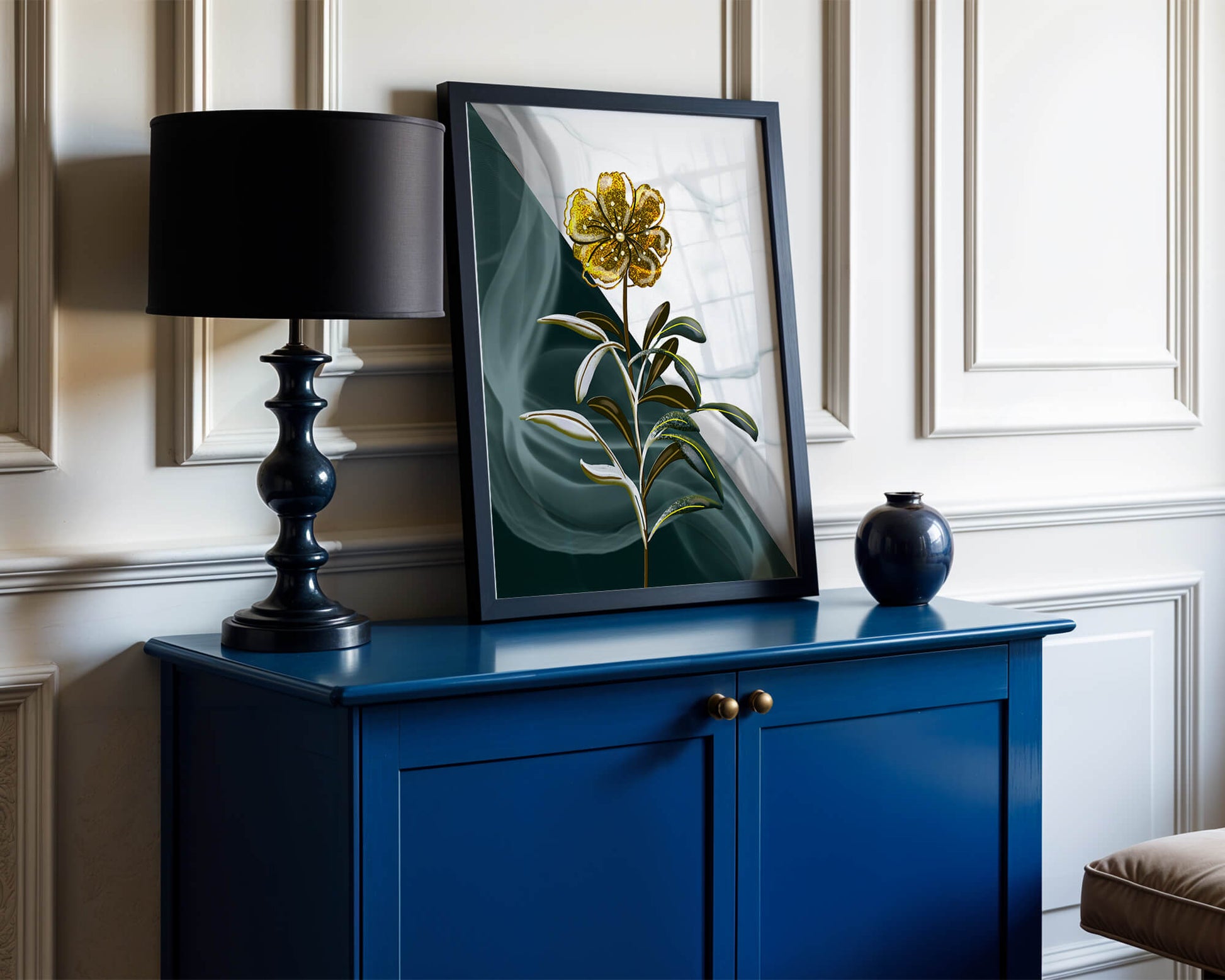 Abstract floral design featuring a golden flower with textured leaves