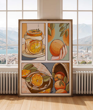 Ilustración colorida de naranjas y conservas con canasta