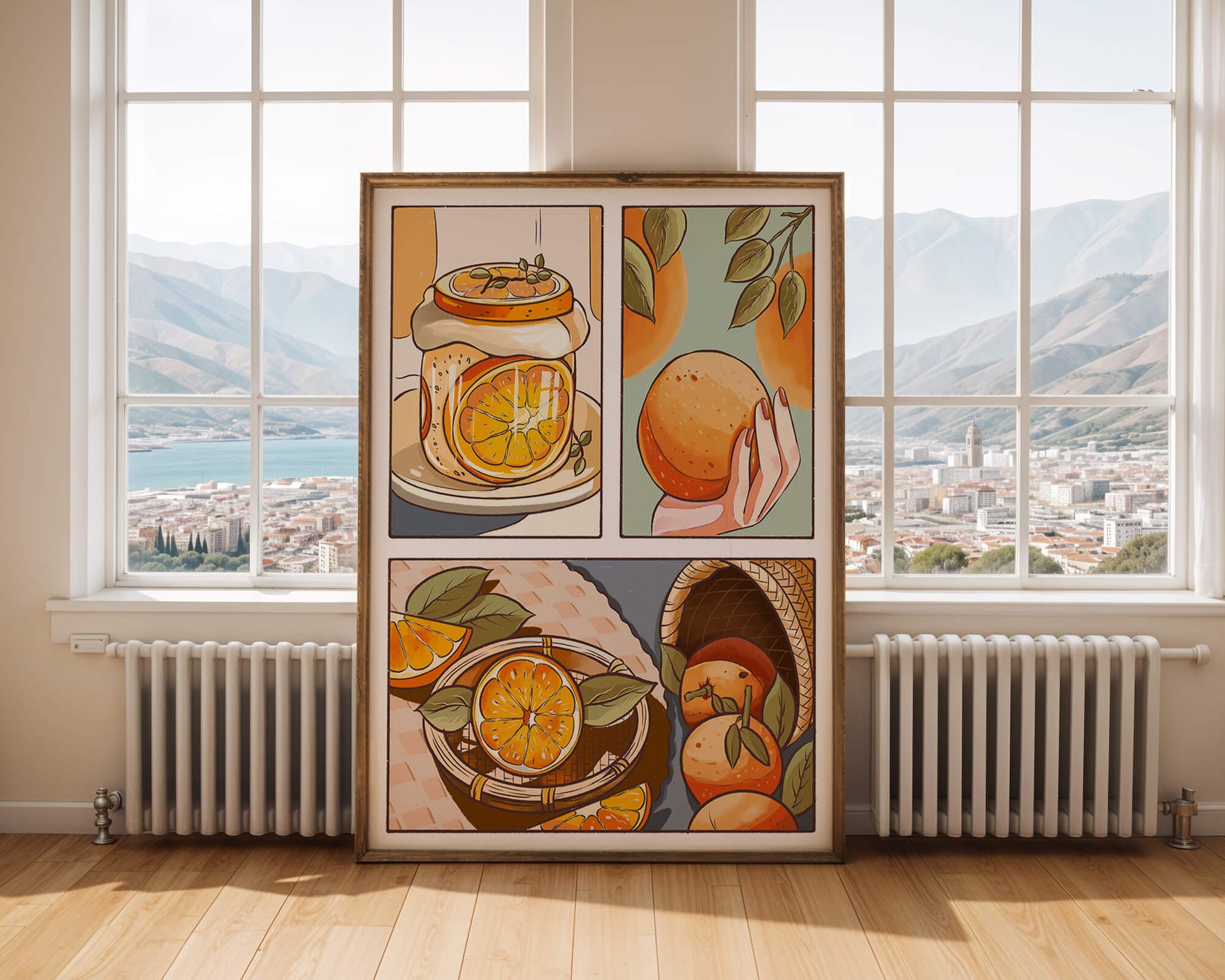 Ilustración colorida de naranjas y conservas con canasta