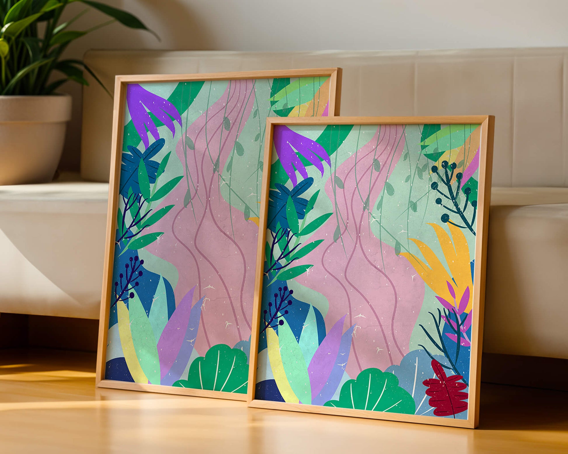 Abstract Botanic Composition with Vibrant Leaves and Shapes
