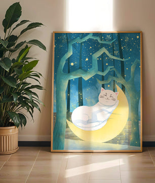 Cat sleeping on the moon in an enchanted forest under the starry sky