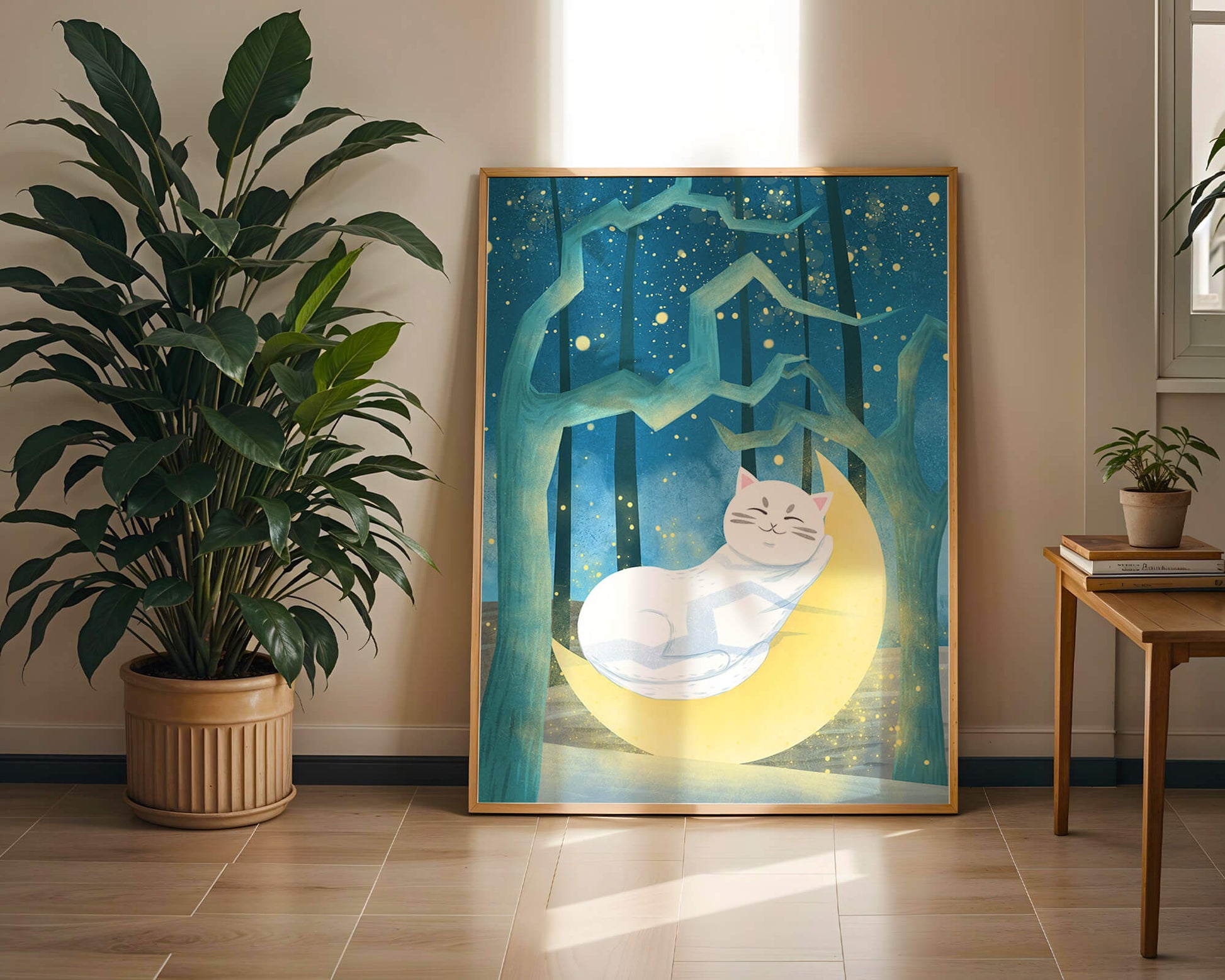 Cat sleeping on the moon in an enchanted forest under the starry sky