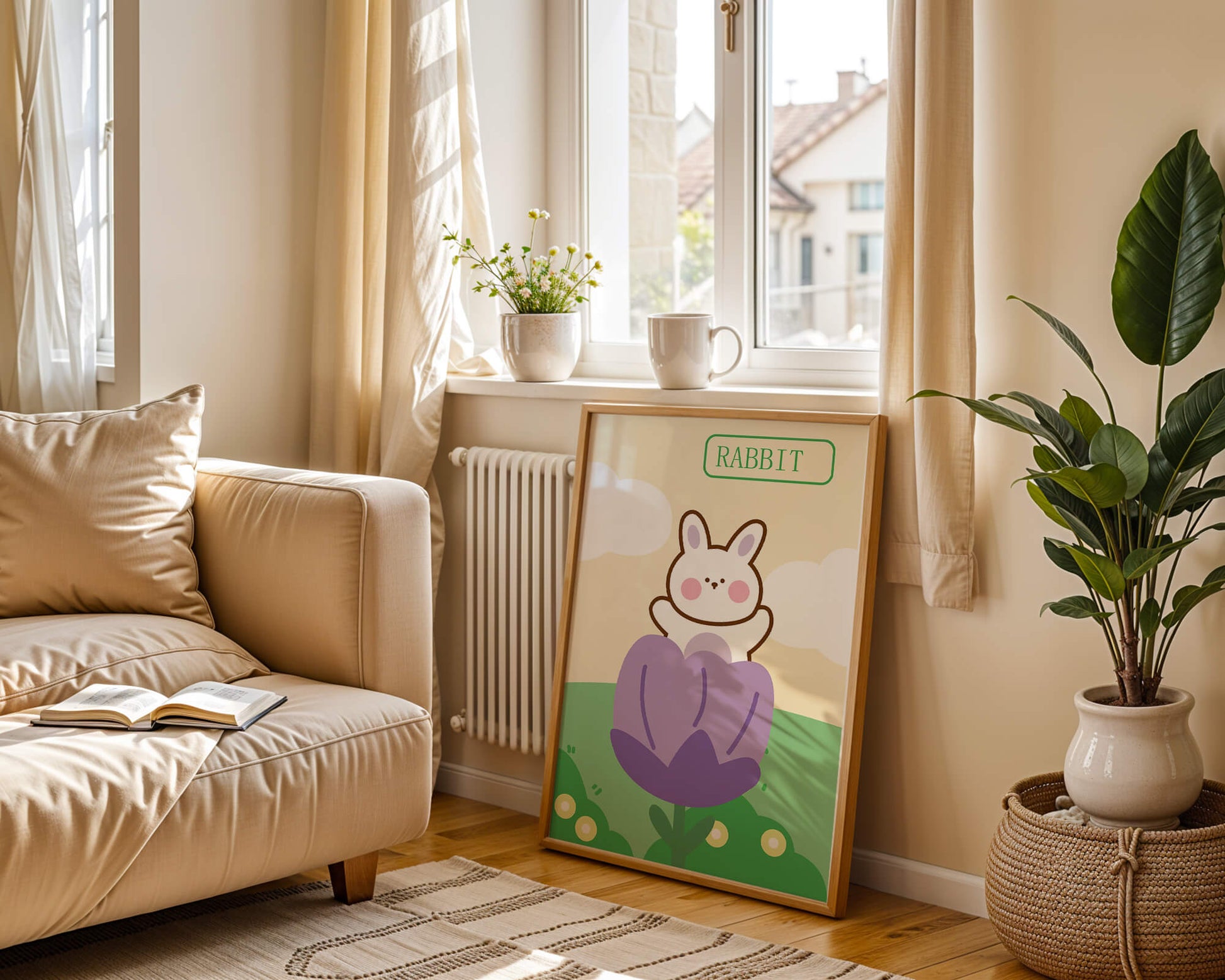 Ilustración caprichosa de un conejo adorable en una flor con colores pastel