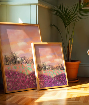 Paisaje sereno con campo floral vibrante y cielo pastel