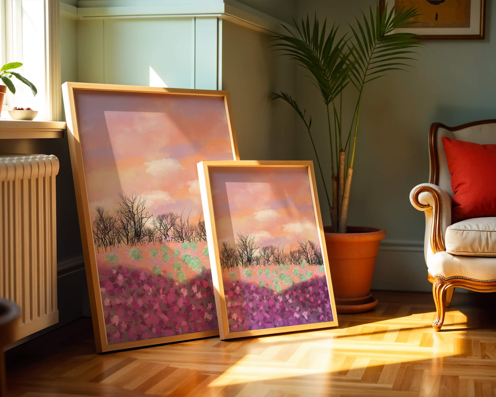Paisaje sereno con campo floral vibrante y cielo pastel
