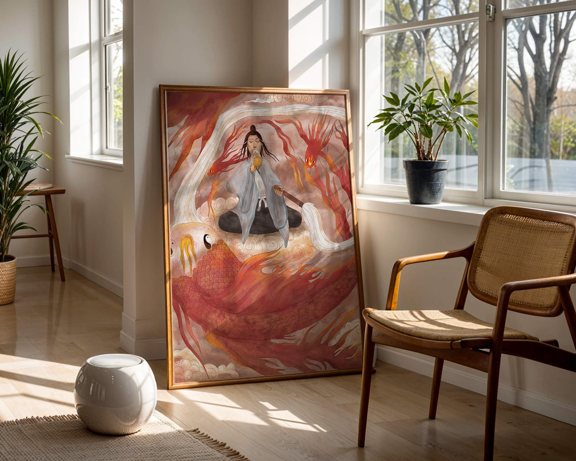 Serene meditation with mystical elements and mythical creatures
