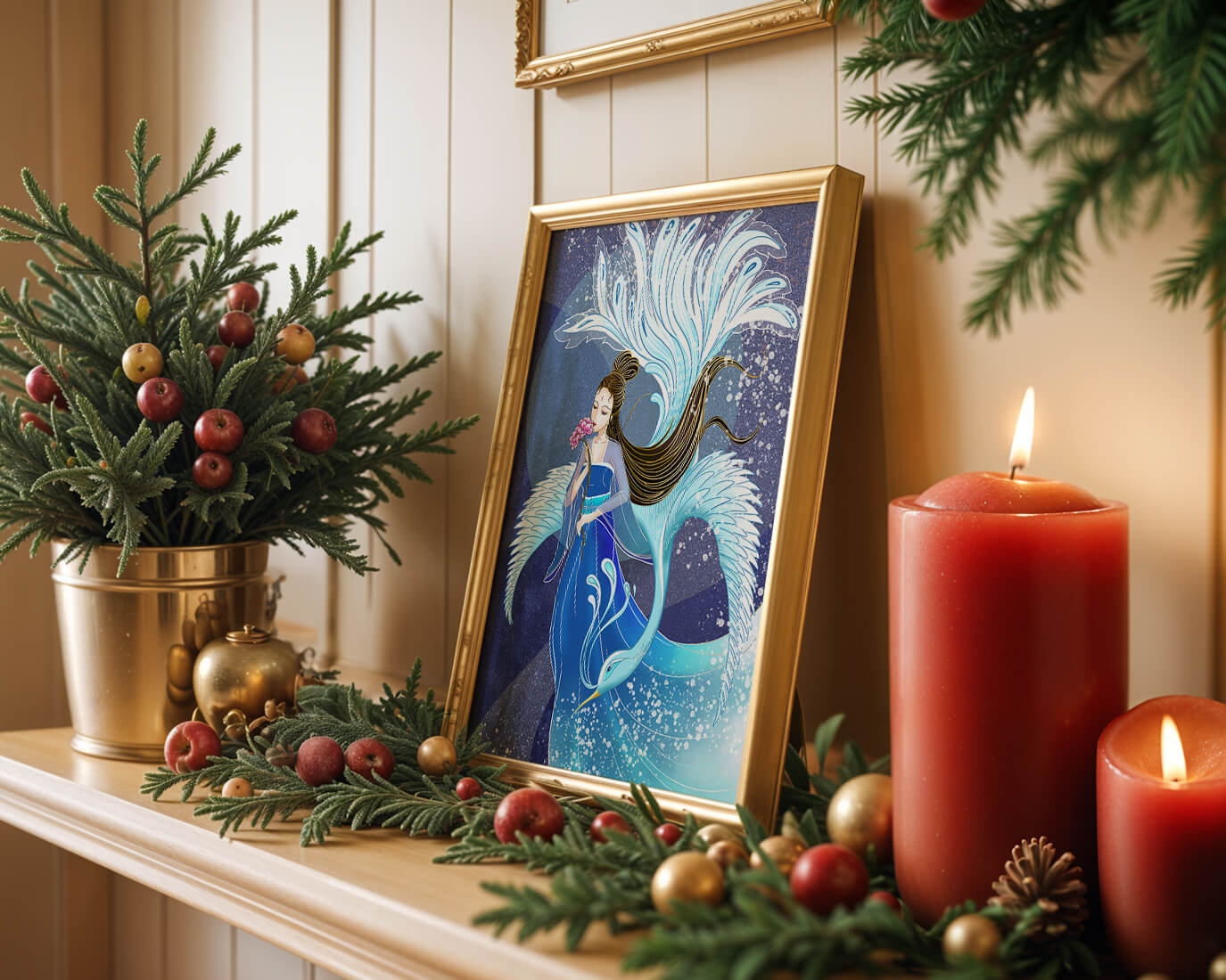 Elegant woman with floral motif and ethereal bird illustration