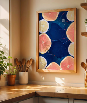 Frutas cítricas coloridas sobre fondo oscuro de hojas