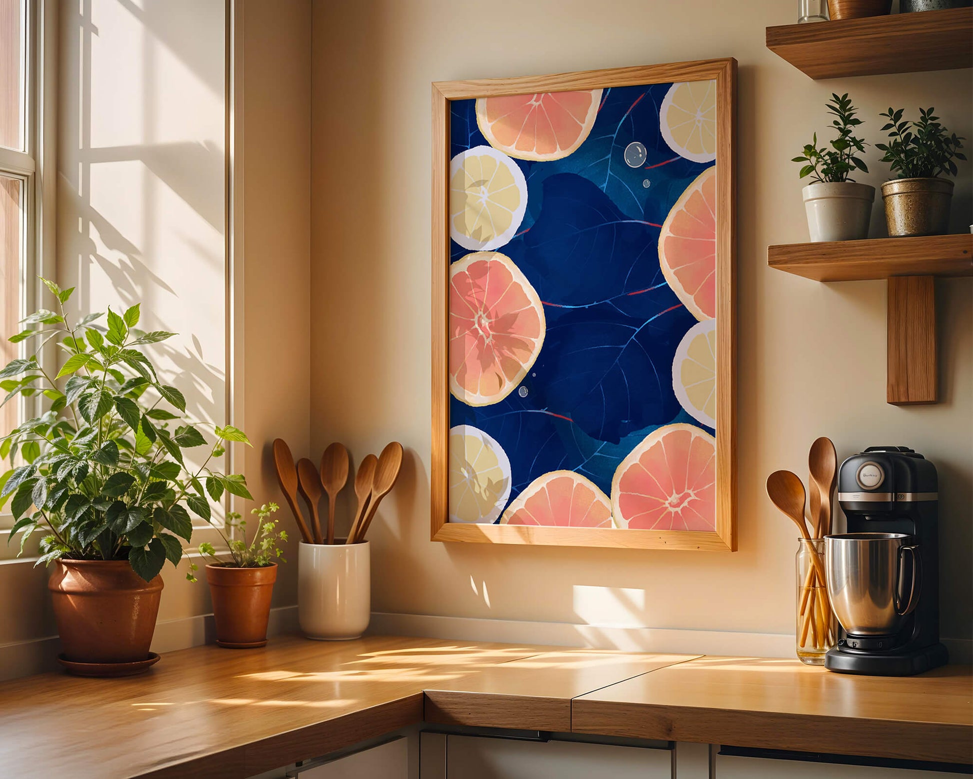 Frutas cítricas coloridas sobre fondo oscuro de hojas