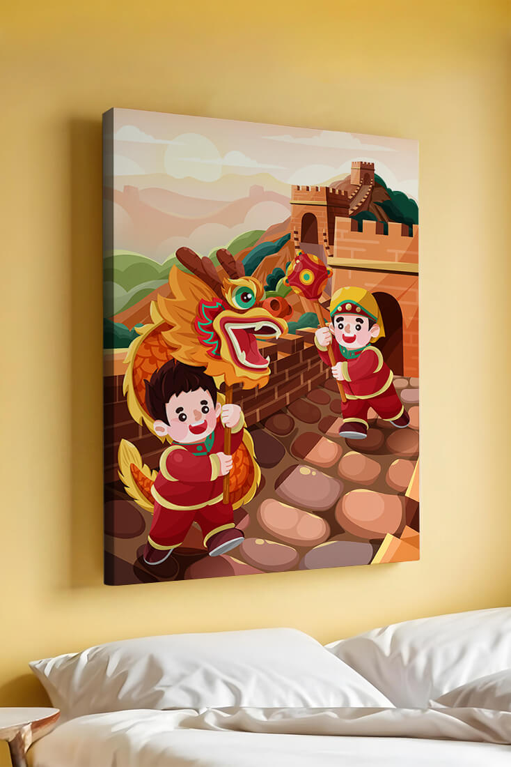 Children celebrating with dragon dance at the Great Wall