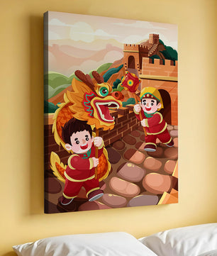 Children celebrating with dragon dance at the Great Wall