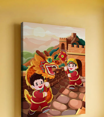 Children celebrating with dragon dance at the Great Wall