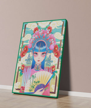 Ilustración elegante inspirada en el arte asiático con tocado elaborado y motivos florales
