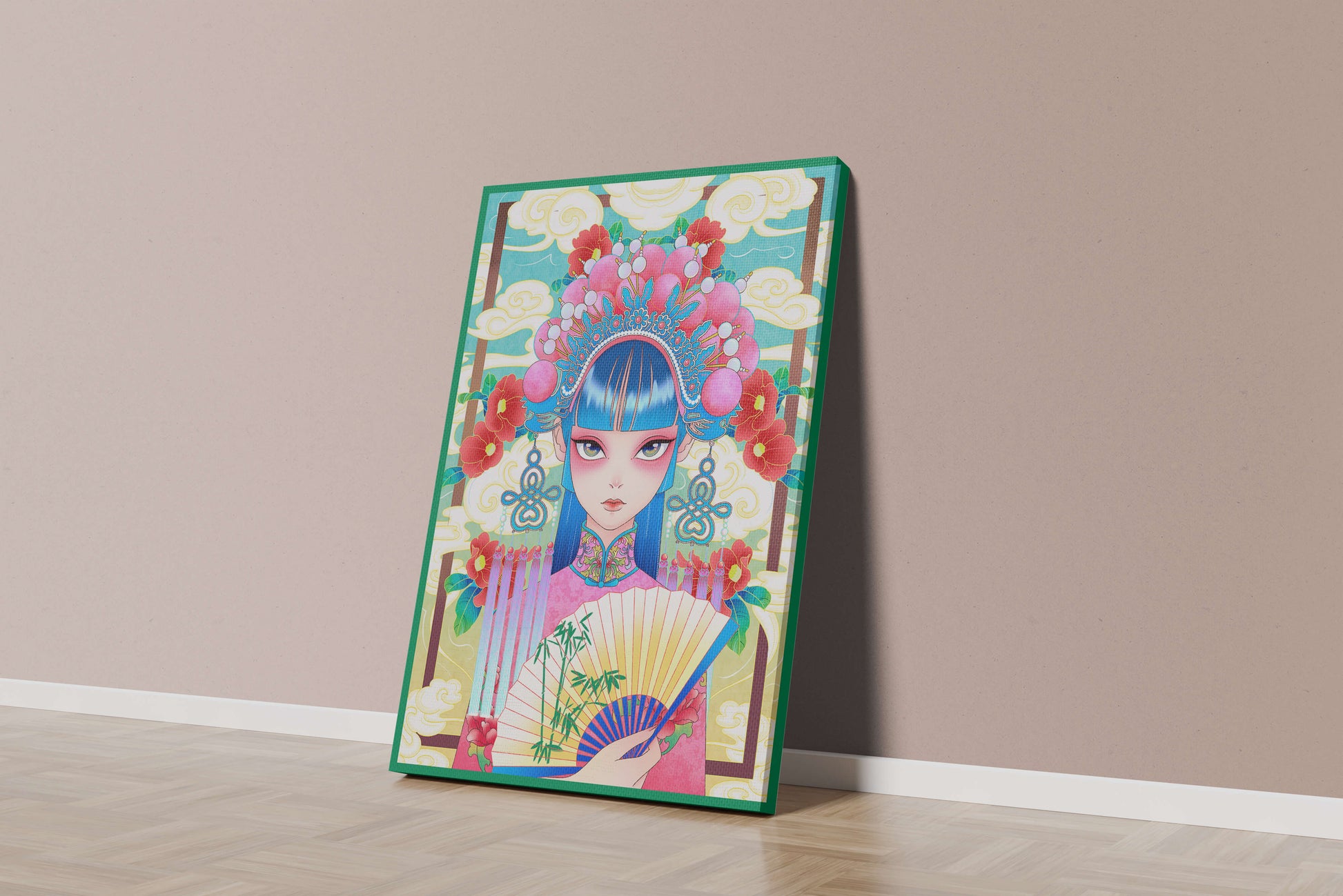 Ilustración elegante inspirada en el arte asiático con tocado elaborado y motivos florales