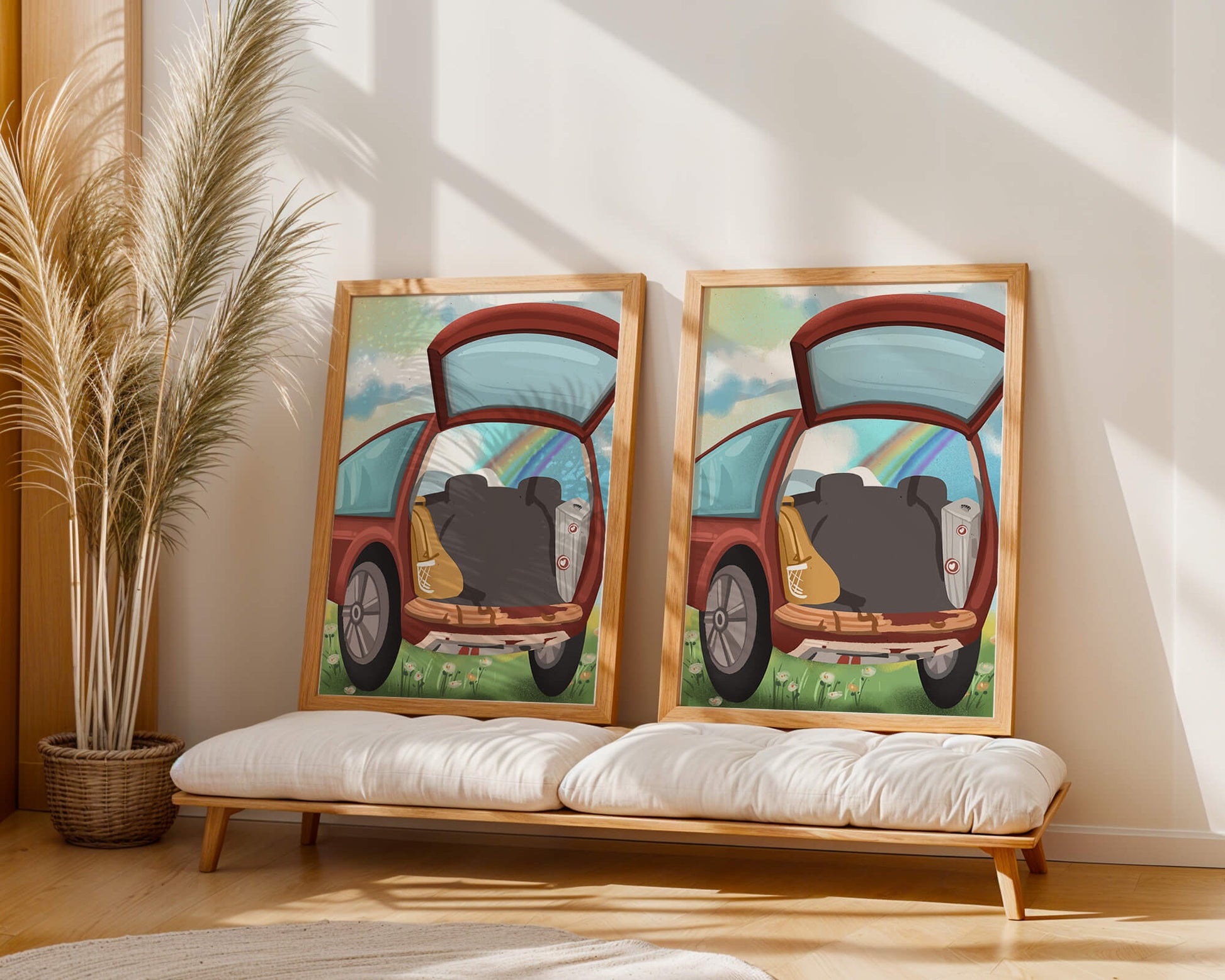 Car Trunk with Picnic Items and Rainbow in Background