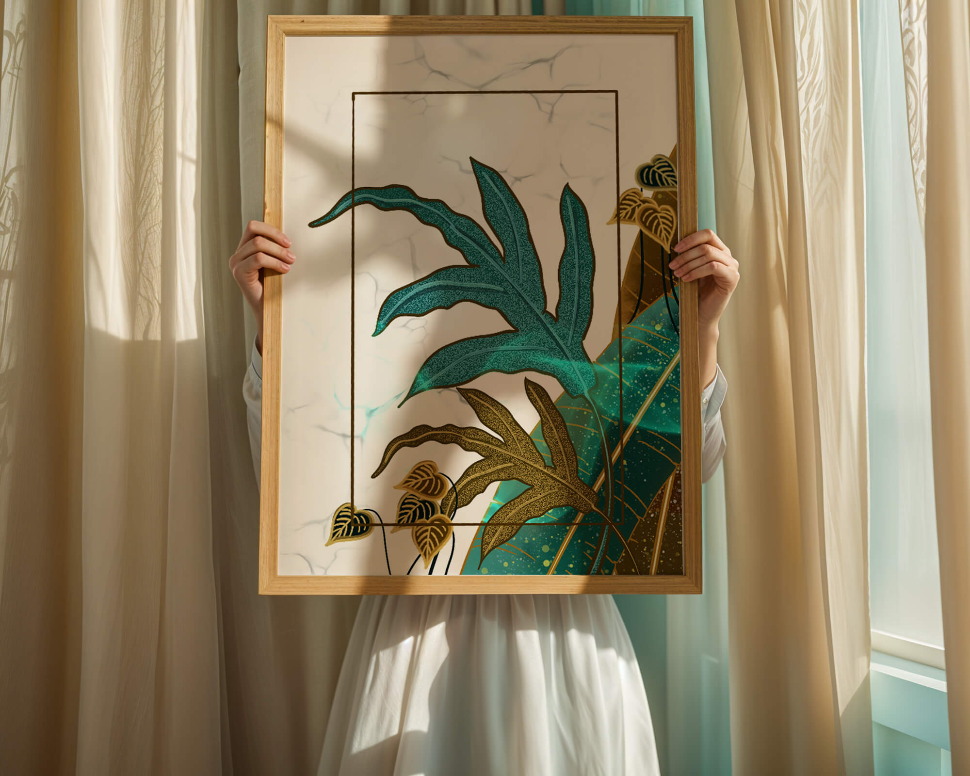 Abstract botanical art with blue and gold leafy designs