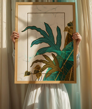 Abstrakte botanische Kunst mit blauen und goldenen Blattmustern
