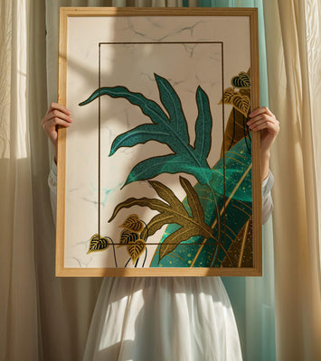 Abstract botanical art with blue and gold leafy designs