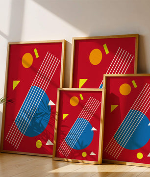 Formas geométricas abstractas con colores y líneas audaces