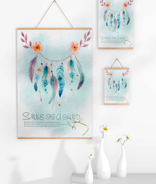 Whimsical dreamcatcher with feathers and flowers in a pastel watercolor style