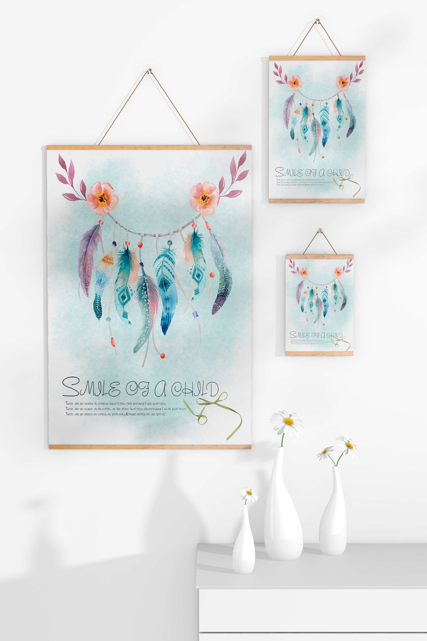 Whimsical dreamcatcher with feathers and flowers in a pastel watercolor style