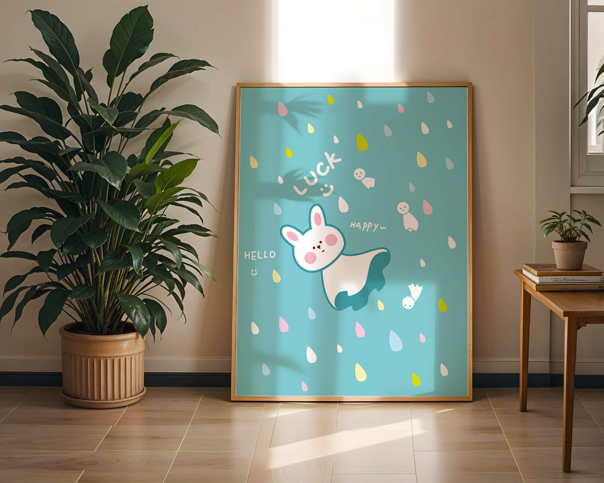 Adorable cartoon bunny with colorful drops on a blue background