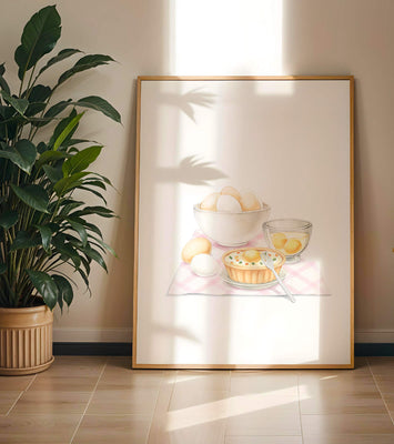 bowl of eggs and quiche on checkered cloth with fork in kitchen setting
