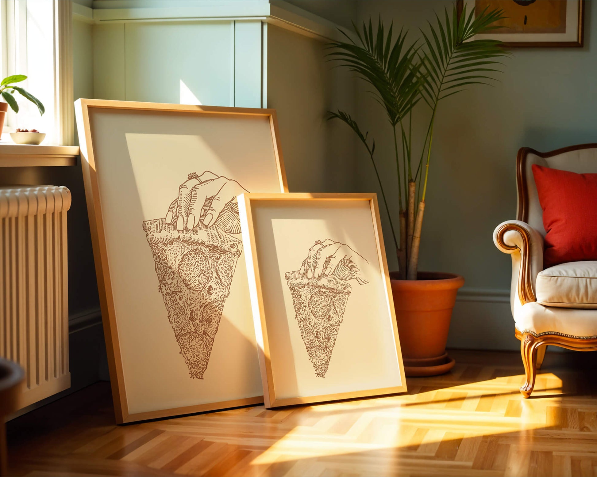 Hand holding a detailed vintage pizza slice illustration