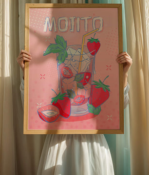 Ilustración de un mojito de fresa con fondo rosa vibrante y diseño juguetón