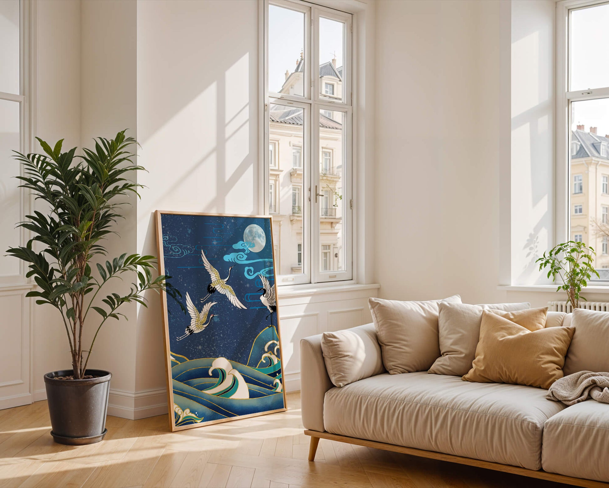 A Serene Night Scene with Cranes and Waves in Traditional Japanese Art Style