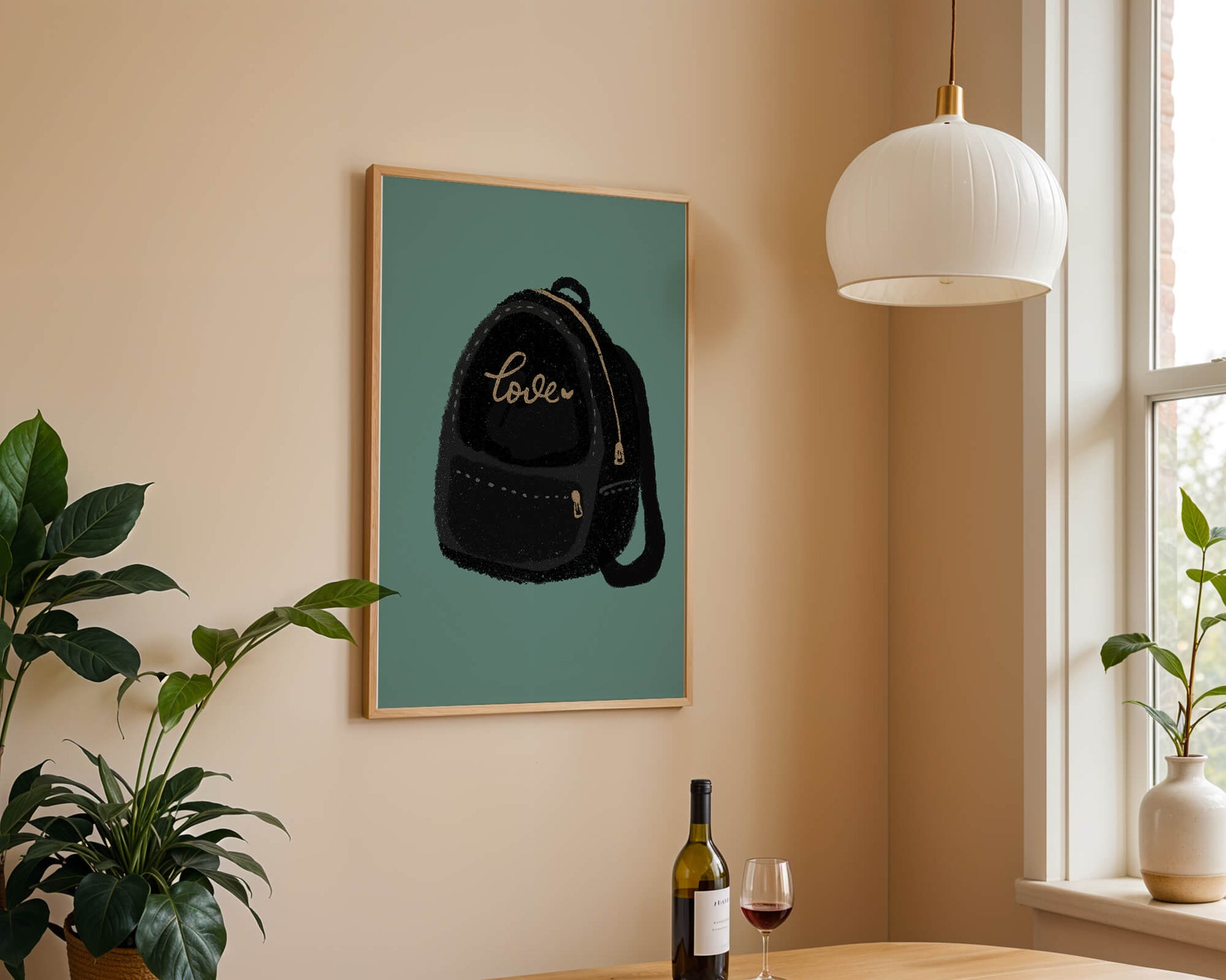 Elegant black backpack with gold accents and love inscription